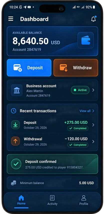 MobCash — Dashboard & balance